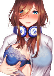 Rule 34 | 1girl, blue bra, blue eyes, blush, bra, breast lift, breasts, brown hair, closed mouth, collared shirt, covered erect nipples, gem, go-toubun no hanayome, headphones, headphones around neck, highres, kaneko (mikaai), large breasts, long hair, long sleeves, looking at viewer, nakano miku, nose blush, one breast out, open clothes, open shirt, see-through, shirt, simple background, solo, unbuttoned, unbuttoned shirt, underwear, white background, white shirt