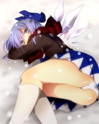 Rule 34 | 1girl, aqua eyes, ass, blue dress, blue hair, blue skirt, bow, cirno, covered mouth, dress, embellished costume, hair bow, highres, ice, ice wings, jacket, legs, looking at viewer, lying, on side, panties, pantyshot, rokkou, scarf, skirt, snow, snowing, solo, touhou, underwear, upskirt, white panties, wings, winter