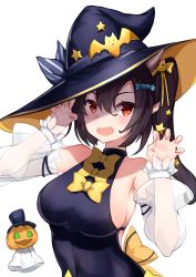 Rule 34 | 1girl, :d, absurdres, armpits, arms up, azur lane, bare shoulders, black hair, black hat, blush, bow, breasts, claw pose, commentary request, covered navel, detached sleeves, fang, food-themed hair ornament, frilled sleeves, frills, ghost, hair ornament, hair ribbon, halloween costume, hat, hat ribbon, highres, horns, irato at, isuzu (azur lane), isuzu (night of fairy tale) (azur lane), jack-o&#039;-lantern, large breasts, long hair, long sleeves, looking at viewer, open mouth, pumpkin, red eyes, ribbon, see-through, side ponytail, sideboob, simple background, smile, solo, star (symbol), star hair ornament, upper body, white background, white sleeves, witch hat, yellow bow, yellow ribbon