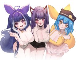 Rule 34 | 3girls, absurdres, ahoge, akuma nihmune, animal ears, bao (vtuber), bao (vtuber) (5th costume), bare shoulders, bell, black hair, blue hair, breasts, cetacean tail, choker, cleavage, dark blue hair, demon horns, dress, facial mark, fins, fish tail, floppy ears, from above, grin, hat, heart, heart ahoge, highres, horns, indie virtual youtuber, jewelry, large breasts, long hair, looking at viewer, multicolored hair, multiple girls, neck bell, one-piece swimsuit, open mouth, orange eyes, orca girl, pendant, purple eyes, purple hair, short shorts, shorts, shylily, shylily (3rd costume), simple background, sitting, sky above me, smile, streaked hair, swimsuit, tail, tongue, tongue out, virtual youtuber, whale girl, white background, white one-piece swimsuit