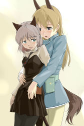 Rule 34 | 2girls, animal ears, aqua eyes, belt, belt pouch, blonde hair, bob cut, couple, eila ilmatar juutilainen, hand on another&#039;s stomach, highres, holding hands, hug, hug from behind, long hair, looking back, multiple girls, munmun, necktie, pantyhose, pouch, purple eyes, sanya v. litvyak, short hair, silver hair, simple background, skirt, smile, strike witches, tail, world witches series, yuri