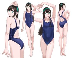 Rule 34 | 1girl, armpits, arms up, ass, black hair, blue one-piece swimsuit, competition swimsuit, glasses, green eyes, green hairband, hairband, highleg, highleg swimsuit, highres, kantai collection, kneepits, long hair, looking at viewer, looking back, multiple views, ojipon, one-piece swimsuit, ooyodo (kancolle), open mouth, simple background, smile, swimsuit, white background