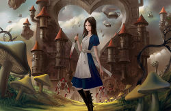 Rule 34 | 1girl, alice: madness returns, alice (alice in wonderland), alice in wonderland, alice liddell (american mcgee&#039;s alice), american mcgee&#039;s alice, apron, blood, book, boots, brown hair, card knights, castle, dress, fantasy, floating, gameplay mechanics, grey eyes, heart, jewelry, knife, long hair, mushroom, necklace, noba, polearm, realistic, runes, spear, spikes, surreal, teapot, vorpal blade, weapon
