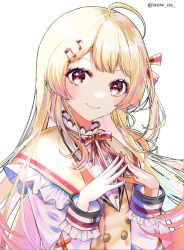 Rule 34 | 1girl, ahoge, blonde hair, fortissimo, hair ornament, hololive, hololive dev is, long hair, musical note, musical note hair ornament, otonose kanade, red eyes, red nails, smile, sowon, steepled fingers, twitter username, virtual youtuber, white background