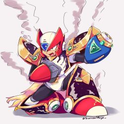 Rule 34 | android, arm cannon, armor, black armor, blonde hair, commentary, english commentary, forehead jewel, green eyes, hand on own chest, highres, kneeling, long hair, male focus, mega man (series), mega man x (series), red helmet, simple background, smoke, surrealmason, twitter username, weapon, white background, zero (mega man), zero buster