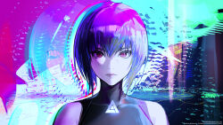 Rule 34 | 1girl, abstract background, absurdres, closed mouth, company name, ghost in the shell, ghost in the shell: sac 2045, girls&#039; frontline, highres, kusanagi motoko, looking at viewer, official art, portrait, purple eyes, purple hair, short hair, straight-on