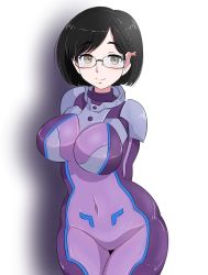 Rule 34 | 1girl, arms behind back, black hair, bodysuit, bow, braid, breasts, brown eyes, covered navel, glasses, hair bow, highres, kanata no astra, large breasts, looking at viewer, mole, mole under mouth, osage gankyou, parted bangs, purple bodysuit, short hair, simple background, smile, solo, standing, white background, yunhua lu