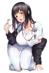Rule 34 | 1girl, absurdres, all fours, black cardigan, black hair, breasts, cardigan, cleavage, highres, id card, jewelry, large breasts, long hair, looking at viewer, naughty face, nurse, off shoulder, open mouth, original, pants, raidon, red eyes, ring, shirt, solo, stethoscope, thigh gap, thighs, tongue, tongue out, wedding ring, white pants, white shirt