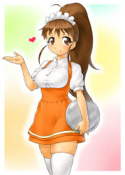 Rule 34 | 1girl, anna miller, breasts, brown eyes, brown hair, dress, gradient background, headband, heart, highres, holding, large breasts, long hair, looking at viewer, onsoku inu, orange dress, ponytail, sidelocks, skindentation, smile, solo, taneshima popura, thighhighs, thighs, tray, uniform, waitress, white thighhighs, working!!, zettai ryouiki