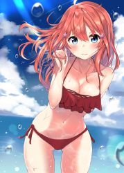 Rule 34 | 1girl, ahoge, arm behind back, bikini, bird, blue eyes, blue sky, blush, breasts, cac itinose, cleavage, closed mouth, cloud, collarbone, day, go-toubun no hanayome, hair ornament, hand in own hair, highres, long hair, looking at viewer, md5 mismatch, medium breasts, nakano itsuki, navel, ocean, outdoors, red bikini, red hair, resolution mismatch, sky, solo, source larger, star (symbol), star hair ornament, swimsuit, water