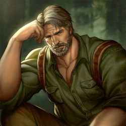 Rule 34 | 1boy, beard, blood, blood on face, chenyanyan, collared shirt, facial hair, grey eyes, grey hair, hand on own face, joel (the last of us), long sideburns, male focus, mature male, muscular, muscular male, pectoral cleavage, pectorals, scar, shirt, sideburns, sitting, solo, the last of us (series), the last of us 2