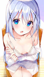 Rule 34 | 1girl, :o, absurdres, angora rabbit, animal, animal on head, aqua hair, bare shoulders, blue eyes, blue hair, blush, bow, bow bra, bra, breasts, collarbone, commentary request, downblouse, eyelashes, fingernails, from above, gochuumon wa usagi desu ka?, gradient hair, hair between eyes, hair ornament, highres, kafuu chino, lace, lace-trimmed bra, lace trim, light blue hair, long hair, long sleeves, looking at viewer, multicolored hair, off shoulder, on head, open mouth, rabbit, rabbit on head, rouka (akatyann), sidelocks, sitting, small breasts, solo, tearing up, tears, tippy (gochiusa), two-tone hair, underwear, very long hair, white bow, x hair ornament