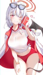 Rule 34 | 1girl, absurdres, akar1, blue archive, cowboy shot, eyewear on head, grey hair, halo, haruna (blue archive), haruna (track) (blue archive), highres, long hair, official alternate costume, red eyes, red halo, simple background, solo, white background