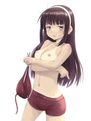 Rule 34 | 1girl, bikini, bikini shorts, unworn bikini top, blush, breast hold, breasts, brown eyes, brown hair, character request, crossed arms, hairband, jitome, long hair, looking at viewer, medium breasts, meow (nekodenki), middle finger, navel, nipples, open mouth, shorts, simple background, solo, swimsuit, tan, tanline, topless, white background