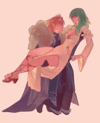 Rule 34 | 1boy, 1girl, bare shoulders, black gloves, black pants, blonde hair, boots, breasts, byleth (female) (fire emblem), byleth (fire emblem), carrying, cleavage cutout, cloak, clothing cutout, couple, detached sleeves, dimitri alexandre blaiddyd, dress, fire emblem, fire emblem: three houses, fur-trimmed cloak, fur trim, gladiator sandals, gloves, gold trim, green hair, hair between eyes, half updo, hetero, highres, hollyfig, long dress, long hair, long sleeves, looking at another, medium breasts, medium hair, nintendo, pants, pelvic curtain, ponytail, princess carry, sandals, white dress, wide sleeves