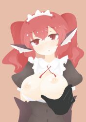 Rule 34 | 1girl, animal ears, big o pants, bird ears, bird legs, black feathers, black wings, blush, breasts, breasts out, brown background, commentary, feathers, fio-chan (big o pants), grabbing, grabbing another&#039;s breast, harpy, highres, large breasts, long hair, looking at viewer, maid, maid headdress, monster girl, nipples, original, pov, red eyes, red hair, simple background, solo, winged arms, wings