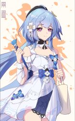 Rule 34 | 1girl, absurdres, bag, bare shoulders, blue hair, breasts, brown background, cleavage, closed mouth, commentary request, dress, griseo, griseo (starry impression), hand up, highres, holding, holding paintbrush, holding strap, honkai (series), honkai impact 3rd, looking at viewer, paintbrush, pink eyes, small breasts, smile, solo, white dress, yitian123