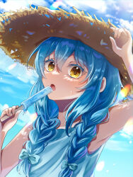 Rule 34 | 1other, absurdres, androgynous, arm up, armpits, bare arms, blue bow, blue hair, blue shirt, bow, braid, brown headwear, chocoeiru, day, food, hair between eyes, hair bow, hat, highres, holding, holding food, holding ice cream, ice cream, long hair, open mouth, outdoors, popsicle, rimuru tempest, shirt, sleeveless, sleeveless shirt, straw hat, summer, sun hat, sweatdrop, tensei shitara slime datta ken, twin braids, yellow eyes