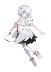 Rule 34 | 1girl, :o, aqua eyes, arched back, blush, dress, full body, hair ornament, highres, looking at viewer, pantyhose, pleated dress, reoen, short hair, silver hair, solo, virtual youtuber, white background, white dress, white footwear, white pantyhose, wristband, yoshina project