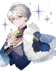 Rule 34 | 1boy, absurdres, arthur grandwell, black shirt, blue cape, blue eyes, blue vest, blush, brown vest, cape, collared shirt, hand on own chest, hand tattoo, highres, looking at viewer, mahoutsukai no yakusoku, male focus, shirt, smile, solo, sparkle, tattoo, teeth, u-sama (u summer0719), vest, white background, white hair