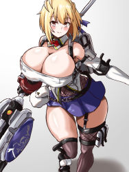 Rule 34 | 1girl, blonde hair, blue skirt, breasts, claire victorious, cleavage, detached collar, god eater, god eater 3, highres, hizakake, huge breasts, light frown, short hair, simple background, skirt, solo, white background, yellow eyes
