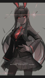 Rule 34 | 1girl, absurdres, animal ears, bad id, bad pixiv id, black jacket, black skirt, blazer, blunt bangs, bullet, buttons, character name, collared shirt, commentary, cowboy shot, eit (ikeuchi), english text, fingernails, glint, grey background, hand on own hip, highres, holding, jacket, letterboxed, long fingernails, long hair, long sleeves, looking at viewer, miniskirt, necktie, pleated skirt, rabbit ears, red eyes, red necktie, reisen udongein inaba, shirt, simple background, skirt, solo, tie clip, touhou, white shirt