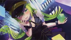 Rule 34 | 1girl, absurdres, alina gray, arm at side, bars, black bow, black hat, black scrunchie, bow, breasts, brooch, cleavage, confetti, cube, cupping hand, detached collar, dutch angle, end card, evil smile, fingernails, floating hair, from above, fuji fujino, green eyes, green hair, hair between eyes, hand on own cheek, hand on own face, hand up, hat, highres, jewelry, large breasts, light blush, long hair, looking at viewer, looking up, magia record: mahou shoujo madoka magica gaiden, mahou shoujo madoka magica, multicolored clothes, multicolored skirt, official art, parted lips, peaked cap, pleated skirt, prison cell, puffy short sleeves, puffy sleeves, scrunchie, see-through, see-through sleeves, shaded face, short sleeves, skirt, smile, solo, soul gem, straight hair, very long hair, waist bow, waistcoat