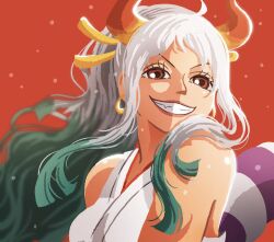 Rule 34 | 1girl, blunt ends, close-up, commentary request, doccoi, earrings, fang, green hair, hair ornament, highres, horns, japanese clothes, jewelry, kimono, long hair, looking at viewer, multicolored hair, multicolored horns, one piece, orange eyes, orange horns, red background, red horns, rope, shimenawa, sidelocks, simple background, sleeveless, sleeveless kimono, smile, solo, upper body, white hair, white kimono, yamato (one piece)