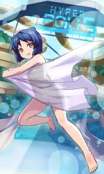 Rule 34 | 1girl, akaga hirotaka, animal ears, aq interactive, arcana heart, artist request, bare legs, barefoot, blue hair, breasts, brown eyes, covered navel, daidouji kira, day, female focus, full body, holding, holding towel, jumping, looking at viewer, naked towel, official art, shiny skin, short hair, small breasts, smile, solo, thighs, towel