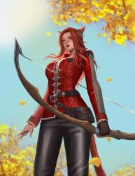 Rule 34 | 1girl, animal ears, autumn leaves, warrior of light (ff14), black gloves, bow (weapon), breasts, brown hair, cat ears, cat tail, chichicl, choker, commission, day, facial mark, final fantasy, final fantasy xiv, fingerless gloves, gloves, highres, holding, holding bow (weapon), holding weapon, large breasts, lips, long hair, looking at viewer, miqo&#039;te, outdoors, red eyes, single fingerless glove, solo, standing, tail, weapon, whisker markings