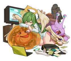 Rule 34 | 10s, chain, chocolate, computer, food, fruit, gabriel (monster strike), green hair, halo, hei niao, highres, laptop, mail, monster strike, no pants, one eye closed, orange (fruit), phone, shirt, slime (creature), solo, tagme, television, thighs, white background, white shirt, wings, yellow eyes