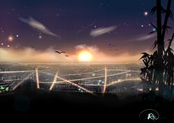 Rule 34 | absurdres, bamboo, bird, chinese commentary, city lights, cityscape, commentary, contrail, highres, night, night sky, no humans, original, outdoors, rune xiao, scenery, signature, simple bird, sky, star (sky), starry sky, sun, sunset