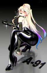Rule 34 | 1girl, a-91, a-91 (girls frontine), ass, assault rifle, bare shoulders, black bodysuit, blonde hair, blue hair, blush, bodysuit, breasts, bullpup, caseless firearm, character name, commentary, drunk, earrings, elbow gloves, fingerless gloves, flask, full body, girls&#039; frontline, gloves, gp-95, grenade launcher, gun, hat, high heels, highres, hip flask, holding, holding flask, holding gun, holding weapon, jewelry, kbp instrument design bureau, kneeling, large breasts, latex, latex bodysuit, long hair, looking at viewer, mole, mole under eye, multicolored hair, multiple-barrel firearm, on one knee, open mouth, ponytail, rifle, ryuu tou, saliva, smile, solo, tongue, underbarrel grenade launcher, weapon, yellow eyes