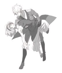 Rule 34 | 10s, 1boy, 1girl, aldnoah.zero, bad id, bad pixiv id, coat, coattails, dancing, double-breasted, dress, epaulettes, closed eyes, greyscale, hairband, lemrina vers envers, long sleeves, lowres, meshi yori yado, military, military uniform, monochrome, puffy long sleeves, puffy sleeves, short hair, slaine troyard, tailcoat, uniform