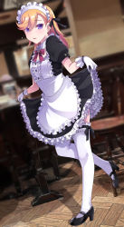 Rule 34 | 1girl, alternate costume, apron, black footwear, black ribbon, black shirt, black skirt, blurry, blurry background, blush, bow, bowtie, brown hair, dress shirt, enmaided, frilled apron, frilled skirt, frills, full body, gloves, hair between eyes, hair ribbon, highres, indoors, inui sekihiko, layered skirt, long hair, looking at viewer, love live!, love live! superstar!!, maid, maid headdress, miniskirt, open mouth, purple eyes, red bow, red bowtie, ribbon, shibuya kanon, shirt, short sleeves, skirt, skirt hold, solo, thighhighs, waist apron, white apron, white gloves, white thighhighs, wooden floor