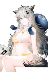 Rule 34 | 1girl, ^ ^, alternate costume, anger vein, animal ear fluff, animal ears, arknights, bare shoulders, bikini, breasts, cleavage, closed eyes, closed mouth, collarbone, grey eyes, grey hair, hair between eyes, hair ornament, hairclip, highres, invisible chair, jewelry, lappland (arknights), looking at viewer, material growth, medium breasts, messy hair, navel, necklace, octopus, oripathy lesion (arknights), runamonet, scar, scar across eye, simple background, sitting, solo, stomach, swimsuit, tail, white background, wolf ears, wolf tail