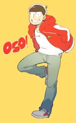 Rule 34 | 10s, 1boy, brown hair, casual, character name, denim, full body, hands in pockets, highres, jacket, jeans, looking at viewer, male focus, matsuno osomatsu, nyaph, open clothes, open jacket, osomatsu-kun, osomatsu-san, pants, shoes, simple background, smile, sneakers, solo, standing, standing on one leg, yellow background