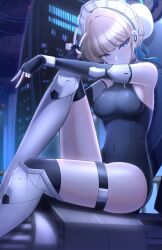 Rule 34 | 1girl, absurdres, blonde hair, blue archive, blue eyes, blue ribbon, blush, breasts, bun cover, cityscape, commentary request, covered navel, double v, elbow gloves, fingerless gloves, gloves, gun, gyaru v, hair bun, highres, laxiusart, leg up, leotard, looking at viewer, maid headdress, medium breasts, night, ribbon, short hair, sitting, solo, thigh strap, thighhighs, thighs, toki (blue archive), v, weapon