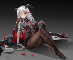 Rule 34 | 1girl, aegir (azur lane), alcohol, azur lane, blush, bodystocking, breast curtains, breasts, brown gloves, brown legwear, cape, congqian you ke xing, corset, covered navel, cross, cup, dated, drink, drinking glass, earrings, elbow gloves, fang, full body, gloves, gradient background, grey background, hair between eyes, highres, holding, holding cup, horns, iron cross, jewelry, knees up, large breasts, long hair, looking at viewer, multicolored hair, no shoes, parted lips, pouring, pouring onto self, red cape, red hair, silver hair, sitting, smile, solo, streaked hair, two-tone hair, very long hair, wine, yellow eyes