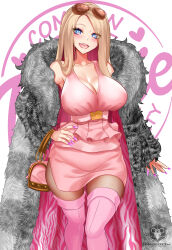 Rule 34 | 1girl, :d, absurdres, bag, barbie (character), barbie (franchise), blonde hair, blue eyes, breasts, cleavage, coat, eyewear on head, fur coat, handbag, highres, large breasts, long hair, looking at viewer, nail polish, nez-box, open mouth, pink nails, pink shirt, pink skirt, pink thighhighs, shirt, side slit, skirt, smile, solo, standing, sunglasses, thighhighs
