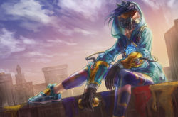 Rule 34 | 1girl, alternate costume, black hair, city, cloud, gas mask, gloves, goggles, graffiti tracer, highres, hood, hoodie, looking at viewer, mask, overwatch, overwatch 1, shoes, sitting, sky, sneakers, solo, spray can, sunrise, tracer (overwatch), wye