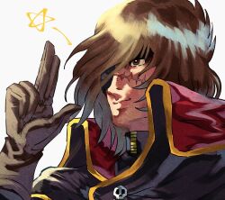 Rule 34 | 1970s (style), 1boy, black shirt, bright pupils, brown eyes, brown gloves, brown hair, closed mouth, eyepatch, gloves, hair over one eye, hand up, harlock, harlock saga, high collar, highres, light smile, looking afar, male focus, marker (medium), oldschool, portrait, retro artstyle, salute, scar, scar on face, shirt, short hair, simple background, skull, slllle1, solo, star (symbol), traditional media, two-finger salute, uchuu kaizoku captain harlock, white background, white pupils