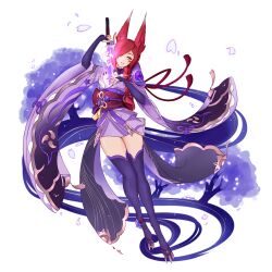 Rule 34 | 1girl, absurdres, breasts, bridal gauntlets, cosplay, drawing sword, full body, hair ornament, highres, holding, holding sword, holding weapon, human scabbard, japanese clothes, kimono, large breasts, league of legends, long hair, long sleeves, looking at viewer, luca (lucacine), obi, purple kimono, purple thighhighs, raiden shogun, raiden shogun (cosplay), sash, smile, solo, sword, teeth, thighhighs, weapon, white background, wide sleeves, xayah, zettai ryouiki