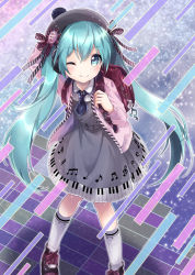 Rule 34 | 1girl, backpack, bad id, bad pixiv id, bag, blue eyes, blue hair, commentary request, dress, hair between eyes, hat, hatsune miku, kona (canaria), looking at viewer, musical note, one eye closed, piano keys, smile, solo, twintails, vocaloid