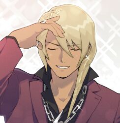 Rule 34 | 1boy, ace attorney, apollo justice: ace attorney, black shirt, blonde hair, chain necklace, closed eyes, collared shirt, commentary request, dark-skinned male, dark skin, earrings, facing viewer, grin, hand on own head, highres, jacket, jewelry, klavier gavin, long hair, long sleeves, male focus, necklace, parted lips, popped collar, purple jacket, ring, seerom77, shirt, simple background, smile, solo, sparkle, thumb ring, twisted hair, upper body, white background