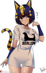 Rule 34 | 1girl, :&lt;, ?, animal crossing, animal ears, animal print, ankha (animal crossing), blush, bracer, breasts, cat ears, cat girl, cat tail, grey background, grey shirt, hair ornament, highres, nekobox, nintendo, sea lion, see-through silhouette, shiny skin, shirt, short hair, short sleeves, signature, simple background, solo, striped tail, tail, tail raised, white background