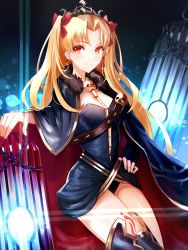 Rule 34 | 1girl, asymmetrical legwear, black leotard, blonde hair, blue cape, boa sorte, boots, bow, breasts, cape, cleavage, closed mouth, diadem, ereshkigal (fate), fate/grand order, fate (series), floating hair, fur-trimmed collar, fur trim, hair bow, hair intakes, hand on own hip, highres, leotard, long hair, looking at viewer, medium breasts, red bow, red eyes, revision, single boot, sitting, smile, solo, thigh boots, thighhighs, uneven legwear