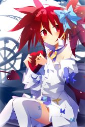Rule 34 | 1girl, absurdres, alternate costume, asymmetrical footwear, bow, demon girl, demon tail, demon wings, detached collar, detached sleeves, disgaea, disgaea rpg, dress, earrings, etna (disgaea), flat chest, hair bow, heart gift, highres, jewelry, layered sleeves, long hair, mismatched footwear, open mouth, pointy ears, popped collar, red eyes, red hair, saint etna, short dress, slit pupils, solo, strapless, strapless dress, tail, thighhighs, twintails, valentine, white thighhighs, wings