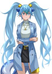 Rule 34 | 1girl, alternate costume, animal ears, arms under breasts, belt, black skirt, blue eyes, blue hair, blue jacket, crossed arms, dragon tail, extra ears, hair between eyes, highres, jacket, jewelry, kemono friends, long hair, long sleeves, looking away, necklace, ring, seiryuu (kemono friends), shirt, simple background, skirt, solo, tail, tanabe (fueisei), thighlet, turtleneck, twintails, very long hair, white background, white shirt
