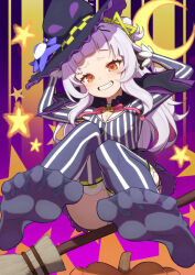 Rule 34 | 1girl, absurdres, arms up, black gloves, black thighhighs, blunt bangs, blush, breasts, broom, brown eyes, cleavage, convenient leg, crescent moon, cropped shirt, feet, foot focus, full body, gloves, hair bun, hair ornament, hat, highres, hololive, knees together feet apart, knees up, legs, long hair, long sleeves, looking at viewer, lunch boxer, moon, murasaki shion, murasaki shion (1st costume), no shoes, panties, patterned background, pinstripe pattern, purple background, purple hair, purple panties, shirt, short eyebrows, single side bun, sitting, small breasts, soles, solo, spread toes, star (symbol), striped clothes, striped shirt, striped thighhighs, thighhighs, thighs, toes, underwear, vertical-striped clothes, vertical-striped shirt, vertical-striped thighhighs, virtual youtuber, white thighhighs, witch hat